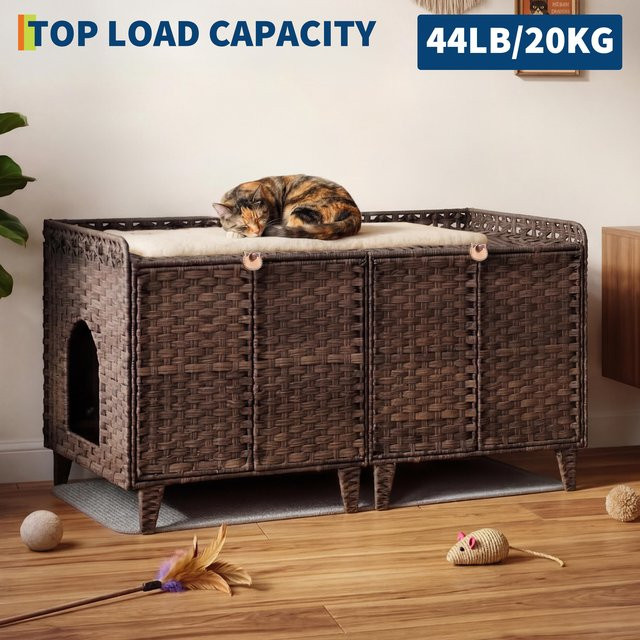 HiMISS Katzenklo-Möbel aus handgeflochtenem Rattan in Grau mit Tür und Matte im Boho-Stil - Bild 1