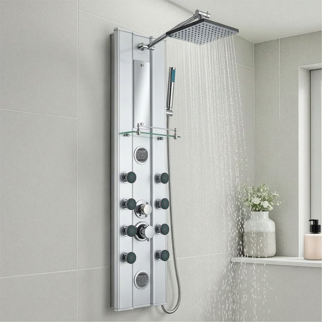 tectake Aluminium Duschpaneel Regendusche mit Handbrause und Massagestrahler Silber B: 27 cm, T: 9,8 cm, H: 118 cm - Bild 1