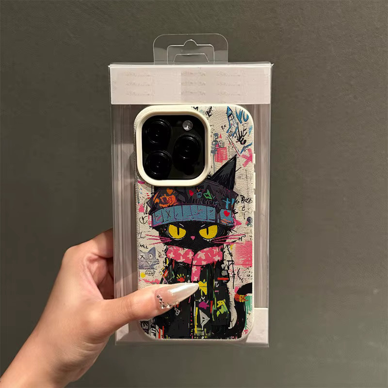 Handyhülle mit Graffiti-Katze-Lychee-Muster für Apple iPhone 17 16 15 Pro Max Plus Serien in Beige und Multicolour - Bild 2