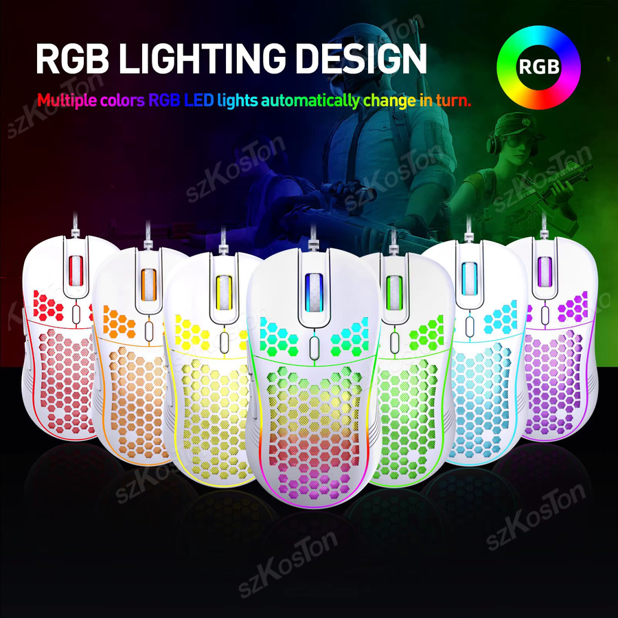 SZKOSTON RGB-Gaming-Maus mit Kabel, ergonomisches Design, 7200 DPI, Hintergrundbeleuchtung, Schwarz/Weiß - Bild 2