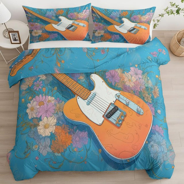 Gitarre Floral Bettwäsche-Set im Bohemian Design, Retro Kunst-Druck aus Mikrofaser, Farbe: Weiß/Mehrfarbig, B/H: 90 x 200 cm - Bild 1