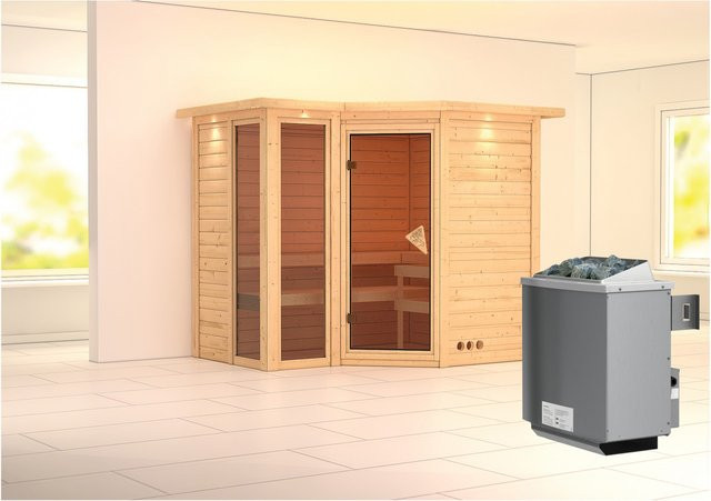 Karibu Sauna Amalia aus Fichtenholz mit 9,0 kW Ofen, integrierter Steuerung und LED-Dachkranz in Natur, B/T: 236 x 184 cm - Bild 1