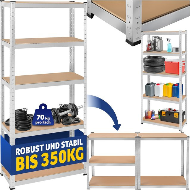 tectake Schwerlastregal mit höhenverstellbaren MDF-Böden und verzinktem Stahlgestell, Silber, H x B x T: 180 x 75 x 30 cm - Bild 1