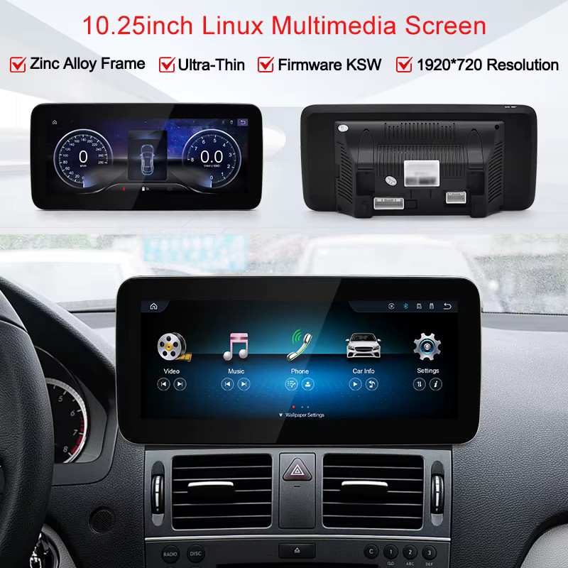 STWEI 12,8 Zoll Schlanker Bildschirm mit Linux-System und kabellosem CarPlay für Mercedes-Benz C-Klasse W204 S204, Auflösung 2400x900, Schwarz - Bild 2