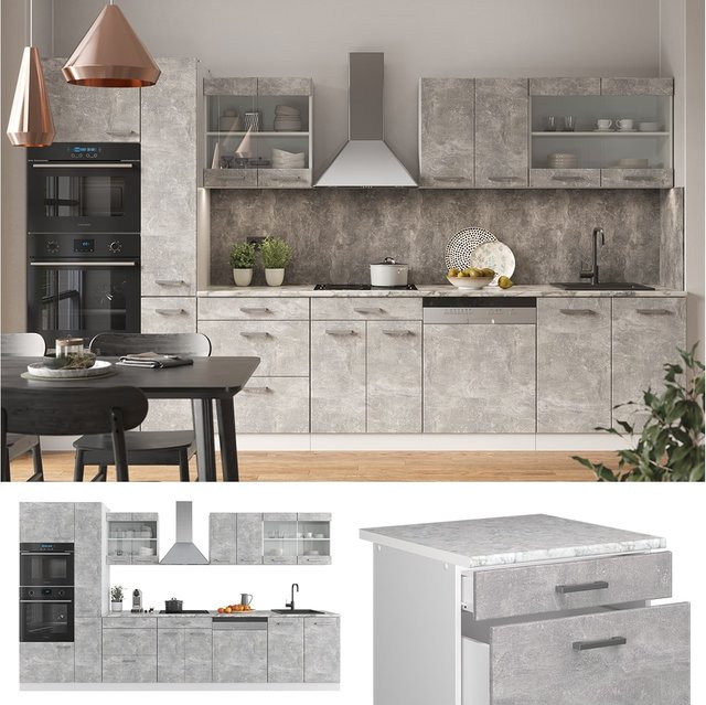 Vicco Küchenzeile R-Line Einbauküche in Weiß mit Beton-Arbeitsplatte, Breite: 350 cm - Bild 1