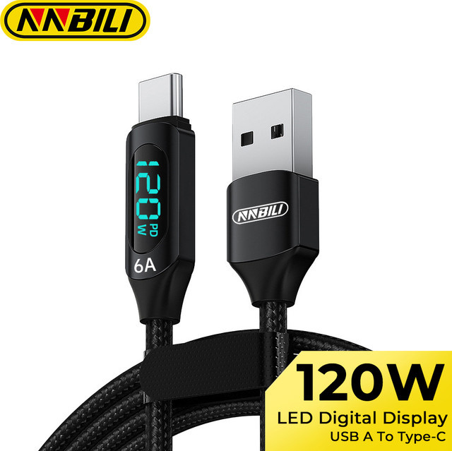 NNBILI USB-A auf USB-C Ladekabel mit 120W Schnellladefunktion und LED-Digitalanzeige in Blau - Bild 1
