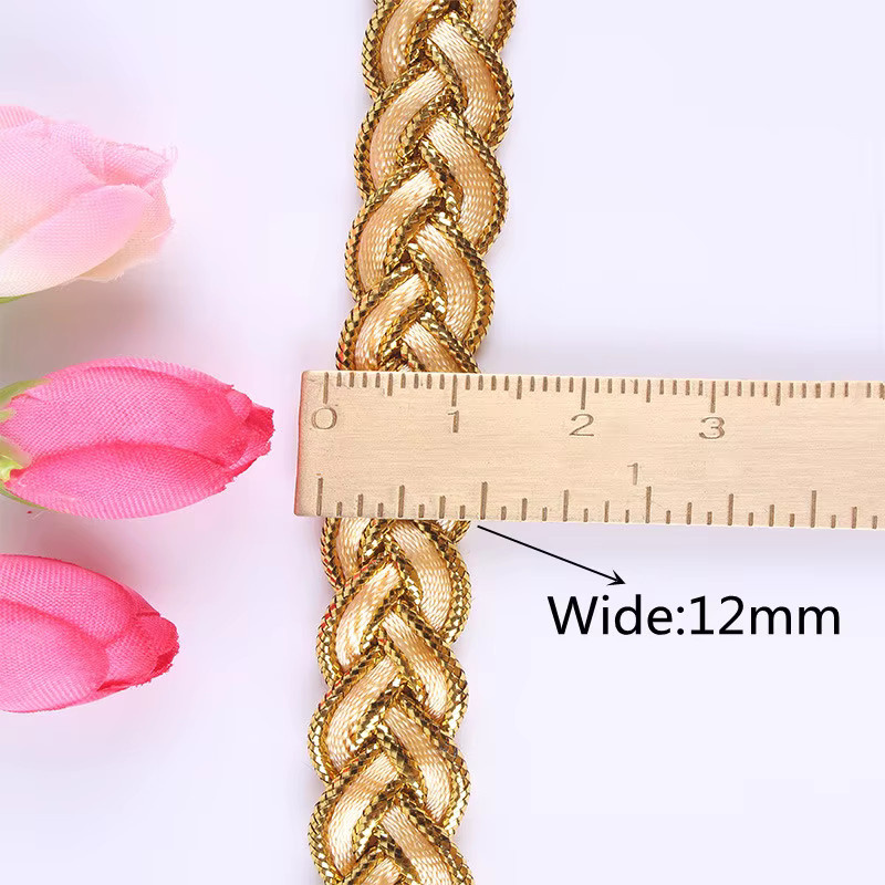 Geflochtene Spitze mit Goldlinie aus Polyester für DIY-Näharbeiten und Hochzeitsdekoration, Weiß/Gold, Breite: 1,2 cm, 5 Yards pro Rolle - Bild 3