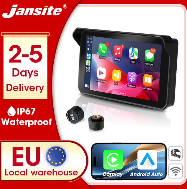Jansite 5 Zoll Dual-Bluetooth Motorrad-Carplay Bildschirm mit GPS und Android Auto, IP67 wasserdichtes Display in Schwarz für Moto-Navigation und MirrorLink - Bild 1