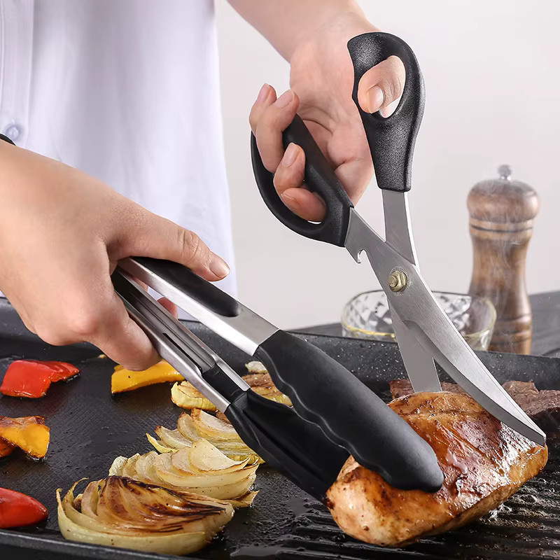 Grill Schere Set mit gebogener Klinge aus Edelstahl und Silikon sowie Lebensmittel Clip in Schwarz - Bild 2