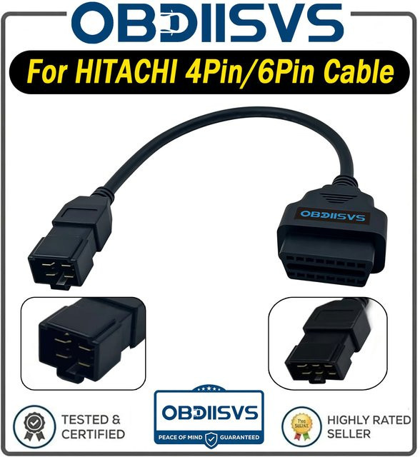Hitachi OBD2 Diagnosekabel für Schwerlastmaschinen und Bagger der ZX/EX Serie, 4Pin und 6Pin Anschluss, Schwarz - Bild 1