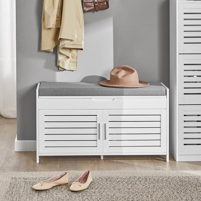 SoBuy Schuhbank mit 2 Drehtüren in Weiß, moderne Sitzbank mit Stauraum, B/T/H: 90 x 32,5 x 50 cm - Bild 2