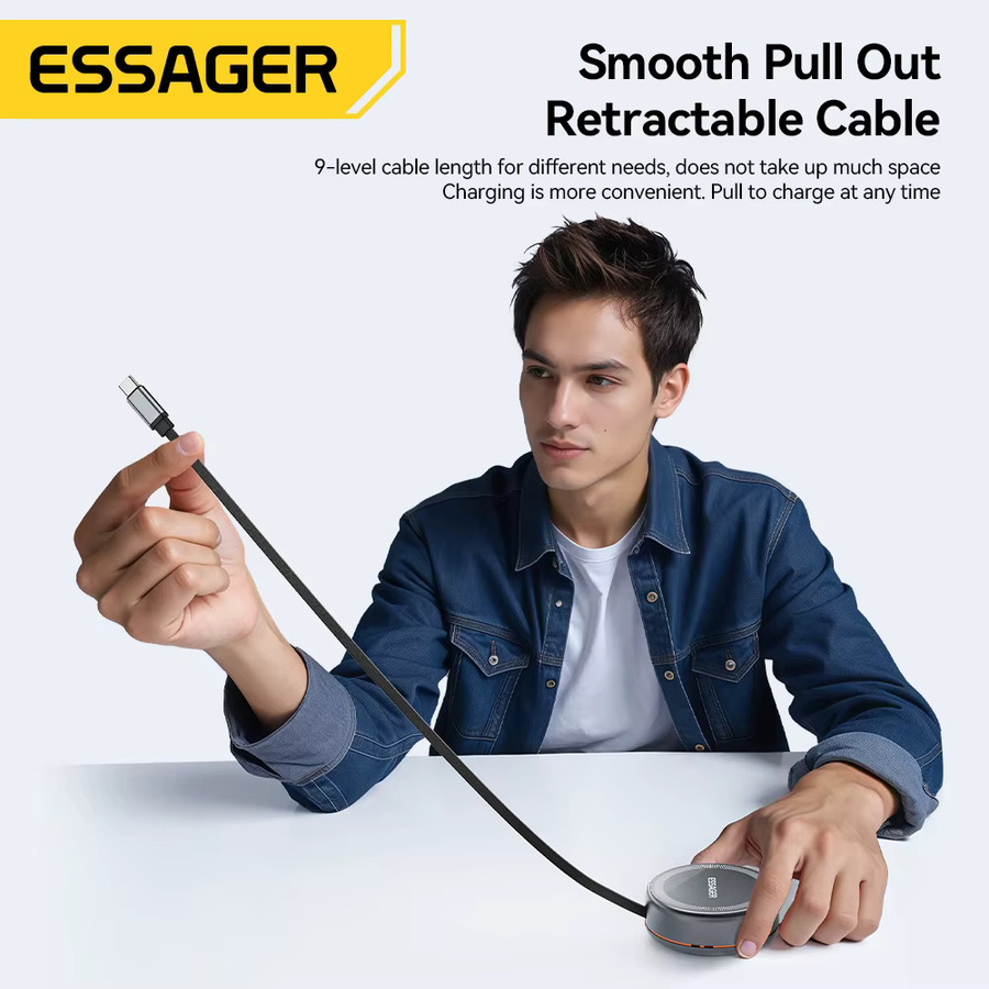 Essager 3-in-1 magnetisches kabelloses Ladegerät mit 15 W und einziehbarem Typ-C-Kabel für iPhone, AirPods und Smartwatches in Schwarz oder Grau - Bild 2