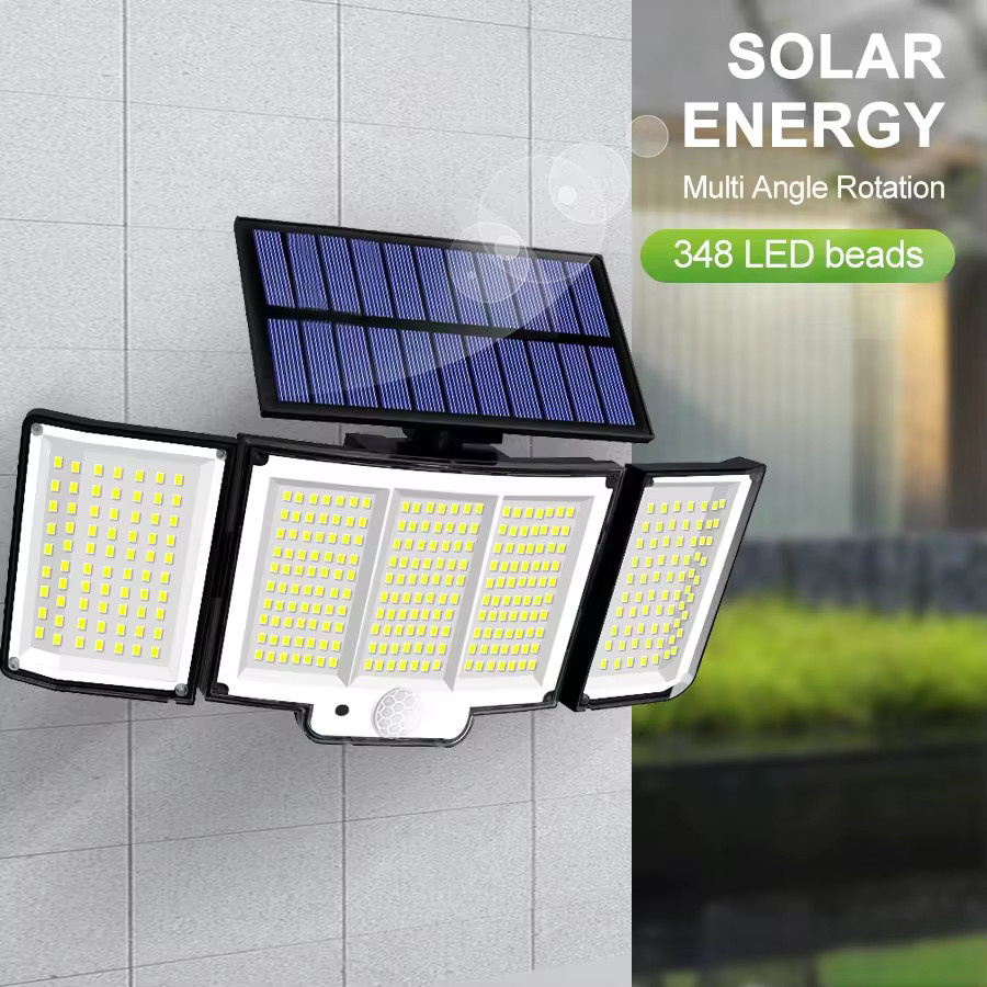 Solar-Außenleuchten mit 348 LED und Bewegungssensor, IP65 wasserdicht, weiße Sicherheitsleuchten mit Fernbedienung und 2400mAh Akku, verstellbare 3-Kopf-Flutlichtleuchten für den Garten - Bild 3