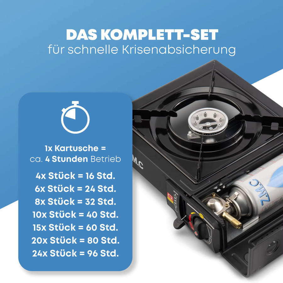 ZMC 1-flammiger Campinggaskocher in Schwarz mit 24 Butan Gaskartuschen à 227g, LPG-Adapter und Aufbewahrungskoffer, 2,2 kW mit Piezozündung für Outdoor und Innenraum - Bild 3