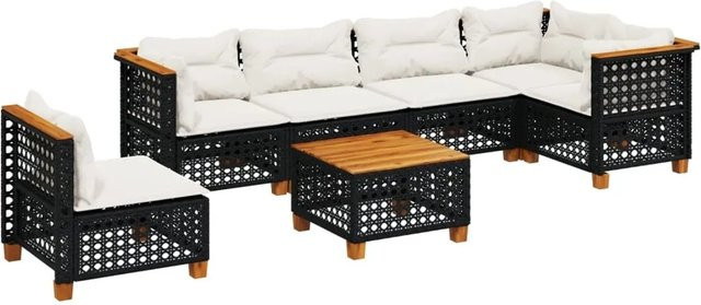 vidaXL 7-teilige Garten-Sofagarnitur in L-Form mit Tisch und Kissen, Schwarz und Cremeweiß, aus PE-Rattan und Akazienholz - Bild 1