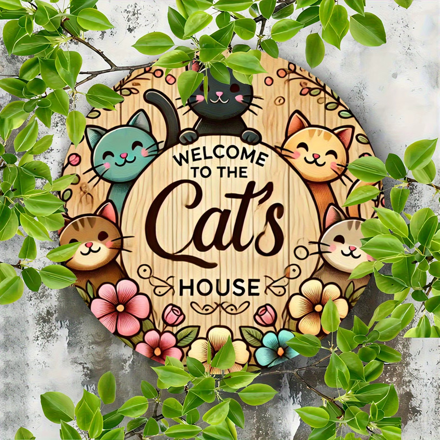 Potdemiel Wanddekoration Katzenhaus rundes Metallschild mit Cartoon-Katze und Typografie, Durchmesser: 19,99 cm, Mehrfarbig - Bild 3