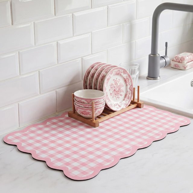 VIKAMA Abtropfmatte Gingham-Karo in Rosa, super saugfähig und rutschfest - Bild 1