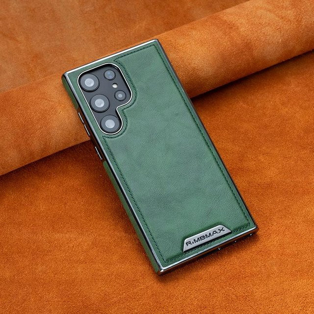 Magnetische Leder Handyhülle für Samsung Galaxy S25 S24 S23 Plus und Ultra in Grün, stoßfeste PC+TPU Hülle mit galvanisiertem Design - Bild 1