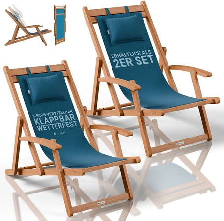 Juskys Sonnenliege Tavira 2er Set aus Akazienholz in Petrol mit UV-beständigem Polyesterbezug und verstellbarer Liegeposition