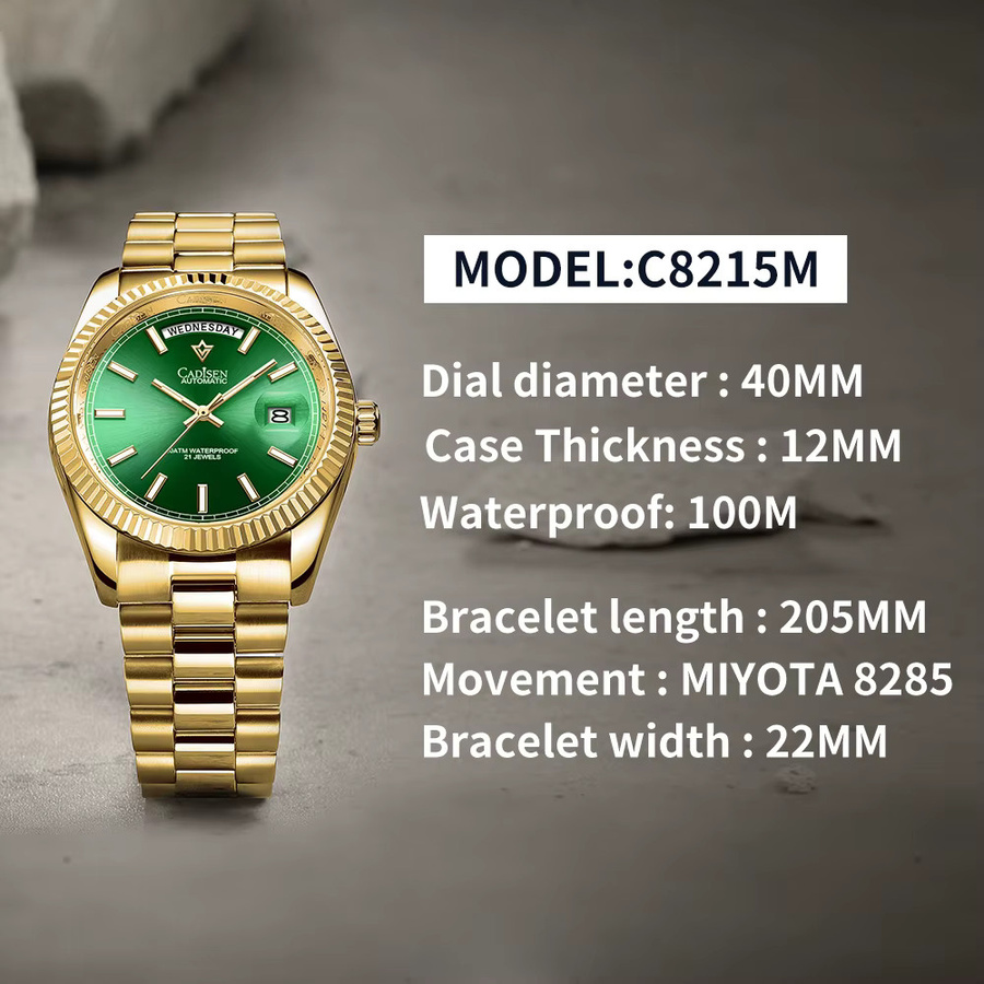 CADISEN Armbanduhr Automatik, Edelstahl, Gold, Grün, Saphirglas, Herren - Bild 4