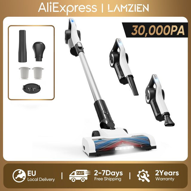 LAMZIEN V9 Akku-Staubsauger Weiß mit 30000PA Saugkraft, HEPA-Filtration und LED-Scheinwerfer für Tierhaare, Teppiche und Hartböden - Bild 1