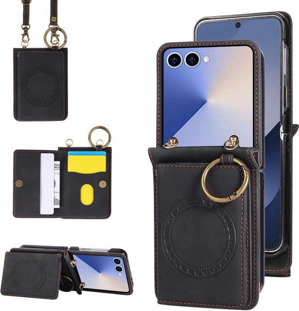 Leder-Magnet-Portemonnaie Crossbody-Tasche mit Kartenhalter als Handyhülle für Samsung Galaxy Z Flip 7 FE, Z Flip 6, Z Flip 5, Z Flip 4 und Z Flip 3 in Schwarz - Bild 1