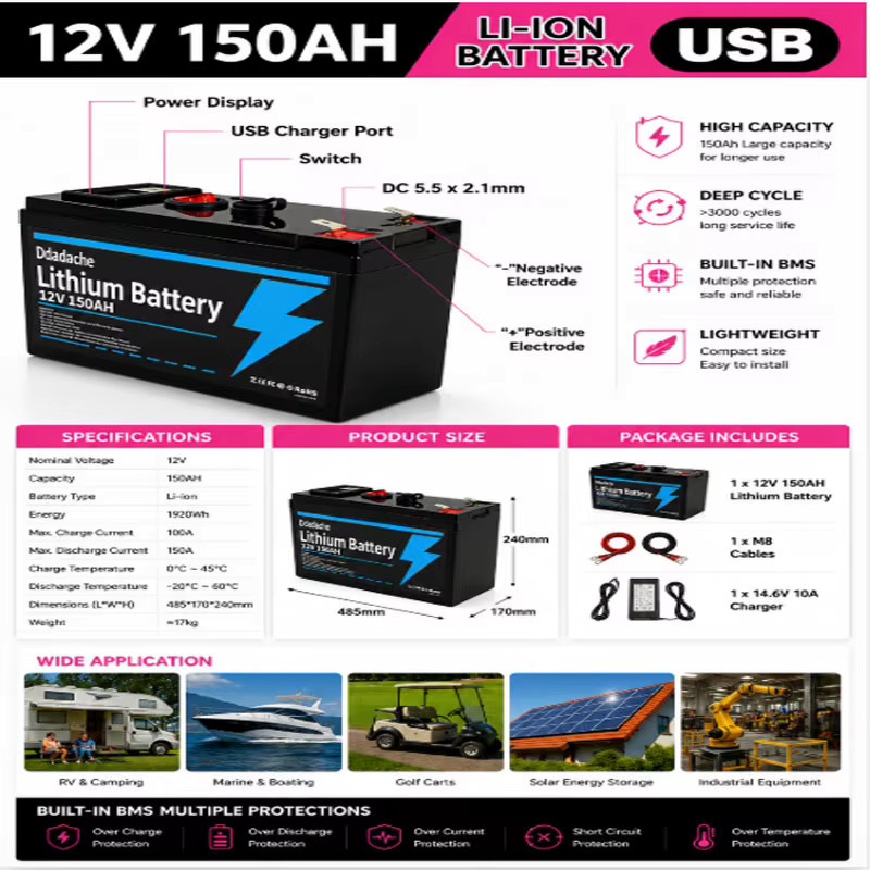 12V 150Ah LiFePO4 Lithium-Batterie mit USB-Anschluss und BMS, schwarze Deep-Cycle-Solarbatterie für Marine, Camping und netzunabhängige Stromversorgung - Bild 2