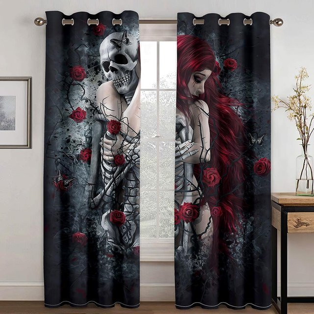 Yiran Furniture Halloween Skelett Thron Vorhang Set 2er Pack Schwarz, semi-transparent mit Ösen, Breite: 100 cm, Höhe: 130 cm - Bild 1
