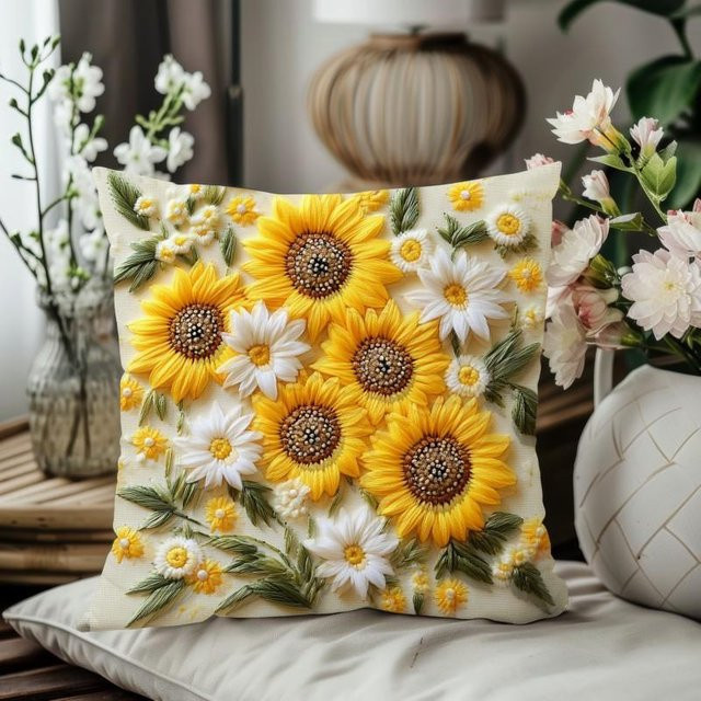 Moderner Kissenbezug mit Sonnenblumen-Print in Gelb, Floral Retro Design, B/H: 45 x 45 cm - Bild 1