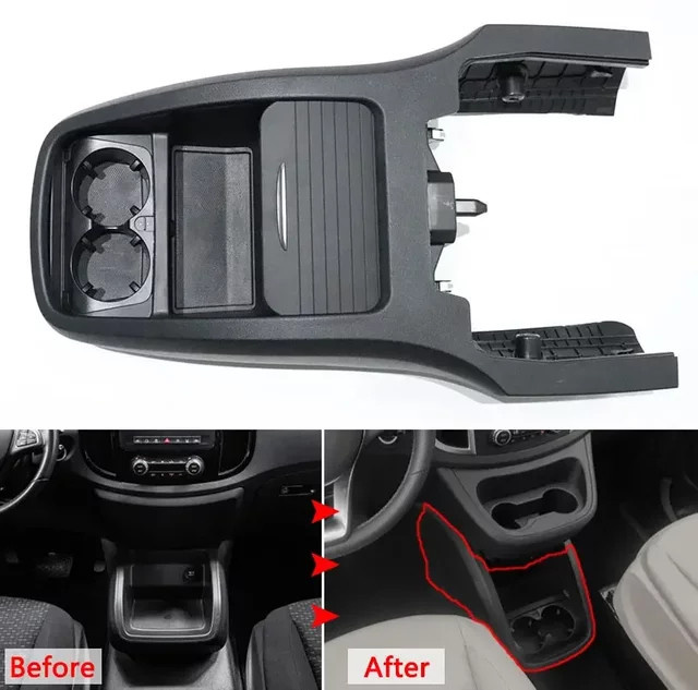 Cafoucs Upgrade-Aufbewahrungsbox Deluxe für Mercedes Benz V-Klasse Vito Metris 2016–2023 mit USB-C, Zigarettenanzünder und Wasserbecherhalter, Schwarz - Bild 1