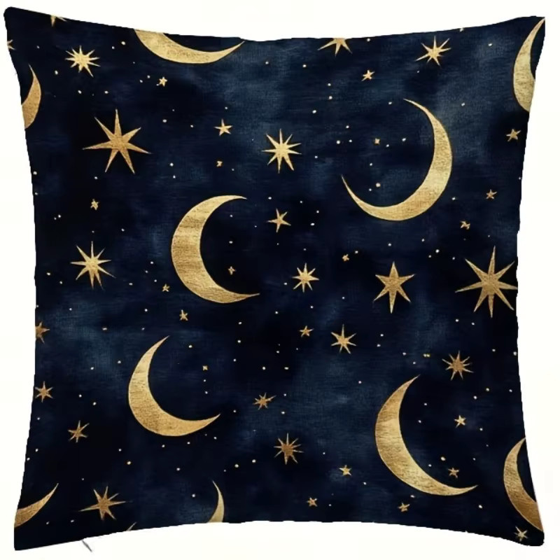 VIKAMA Dekokissen mit goldenem Halbmond- und Stern-Design in Blau und Gold, quadratisch, 45 x 45 cm - Bild 3