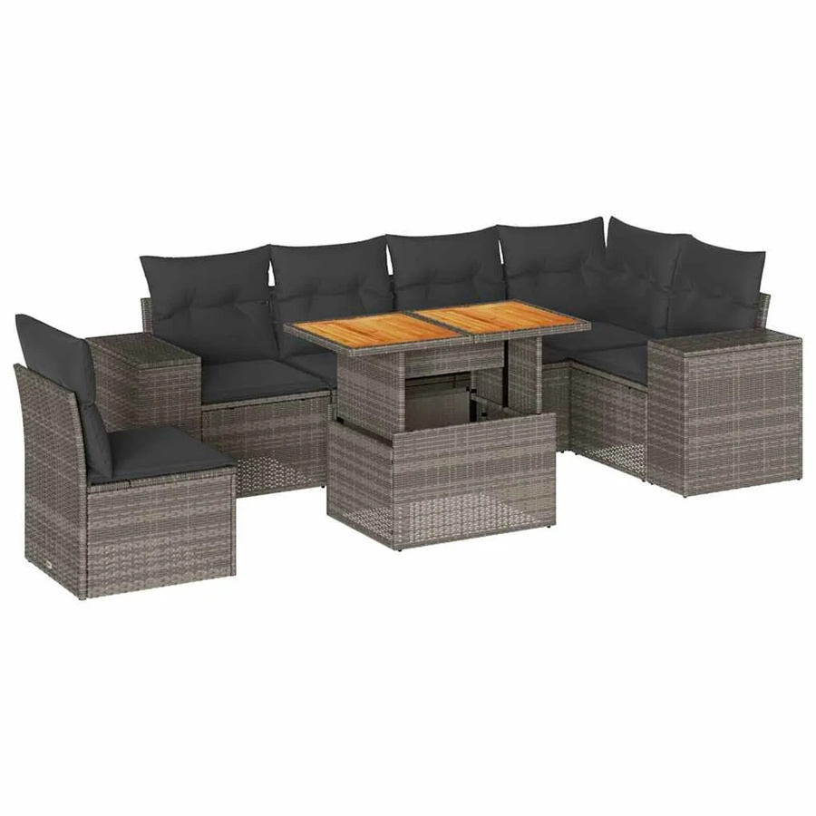vidaXL 7-teilige Garten-Sofagarnitur aus Poly-Rattan und Akazienholz in Grau mit Kissen - Bild 2