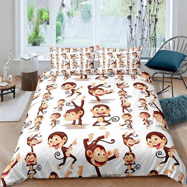 Bettwäscheset mit Affe-Motiv für Kinder, 3-teiliges Set aus Bettdeckenbezug und Kissenbezügen, Farbe: Weiß, B/H: 140 x 200 cm - Bild 1