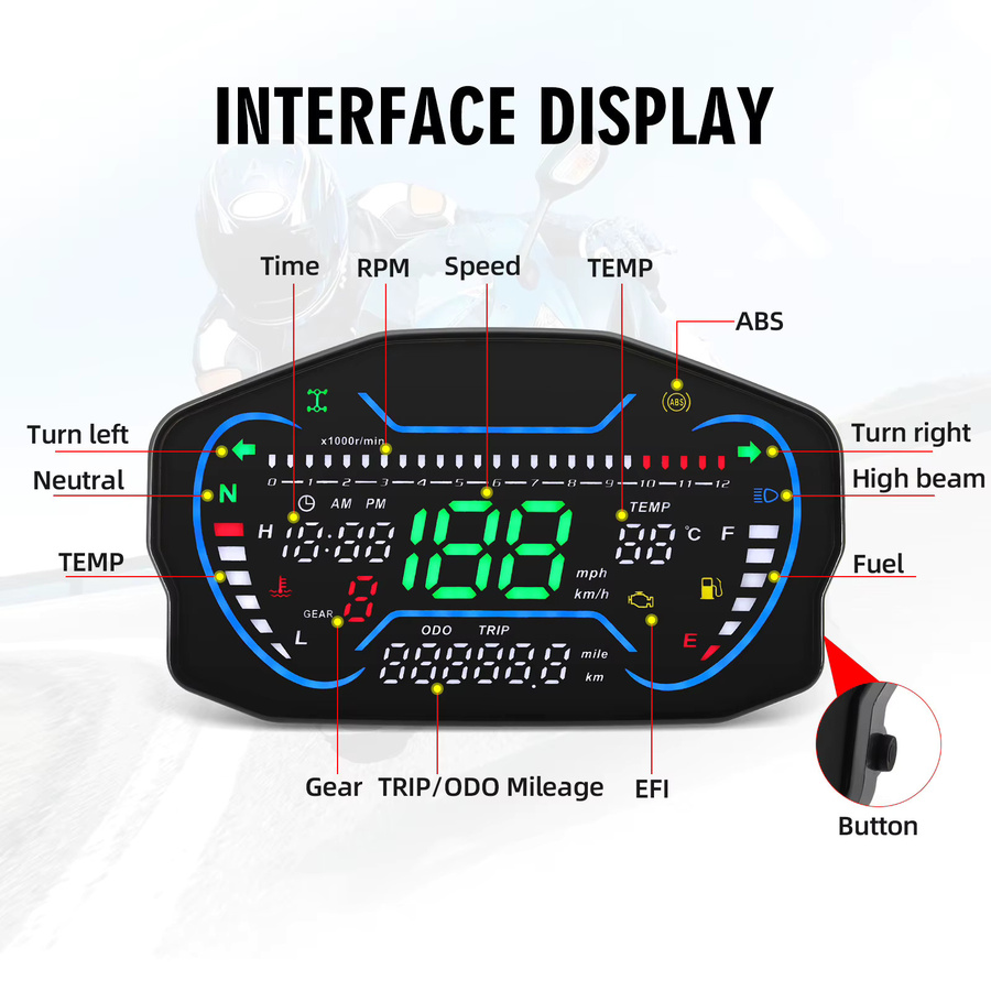 RYSJM Digitaler Motorrad-Tachometer mit GPS-Geschwindigkeitsmesser und Drehzahlmesser bis 12000 U/min in Schwarz - Bild 6