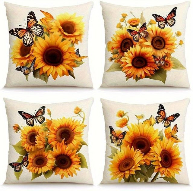 4-teiliges Kissenbezug-Set von JMG Clothing mit Sonnenblumen- und Schmetterlings-Motiv in Gelb, B/H: 45 x 45 cm - Bild 1