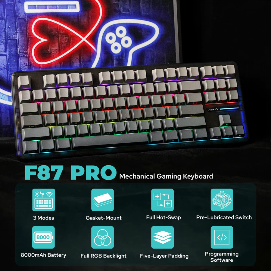 EPOMAKER X AULA F87 Pro Mechanische Tastatur mit 87 Tasten, Hot-Swap, Gasket-Mount, Kabellos via Bluetooth 5.0 oder 2.4G sowie Kabelgebunden, Schwarz/Grau, Kompatibel mit Mac und Windows - Bild 2