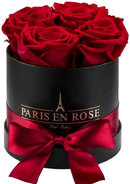 PARIS EN ROSE Rosenbox Schwarz mit 4 roten Rosen und Schleife, Durchmesser: 10 cm - Bild 1