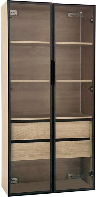 PXloue Badezimmerschrank mit LED-Beleuchtung, Milchglastür und 2 Schubladen in Beige/Natur/Braun - Bild 1