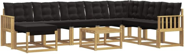 vidaXL Outdoor-Sofagarnitur 9-tlg. in L-Form mit Kissen und Tisch, Weiß und Schwarz, aus Akazienholz und Textilene - Bild 1