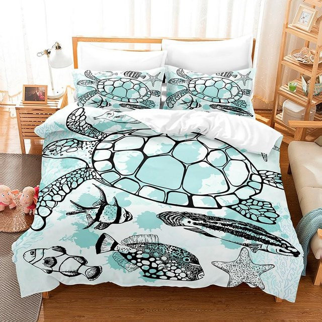 Lodestar Bettwäsche-Set mit blauem Meeresschildkröten-Muster aus weicher Mikrofaser, 3-teilig für Kinder, B/H: 180 x 210 cm - Bild 1