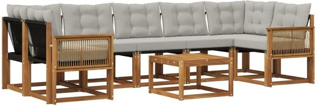 vidaXL Outdoor-Sofagarnitur L-Form aus Akazienholz mit 8 Kissen in Natur und Hellgrau - Bild 1