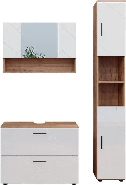 Vicco Badmöbelset Irma in Eiche und Weiß Hochglanz, 3-teiliges Badezimmer-Set mit Spiegelschrank und Waschtischunterschrank - Bild 2
