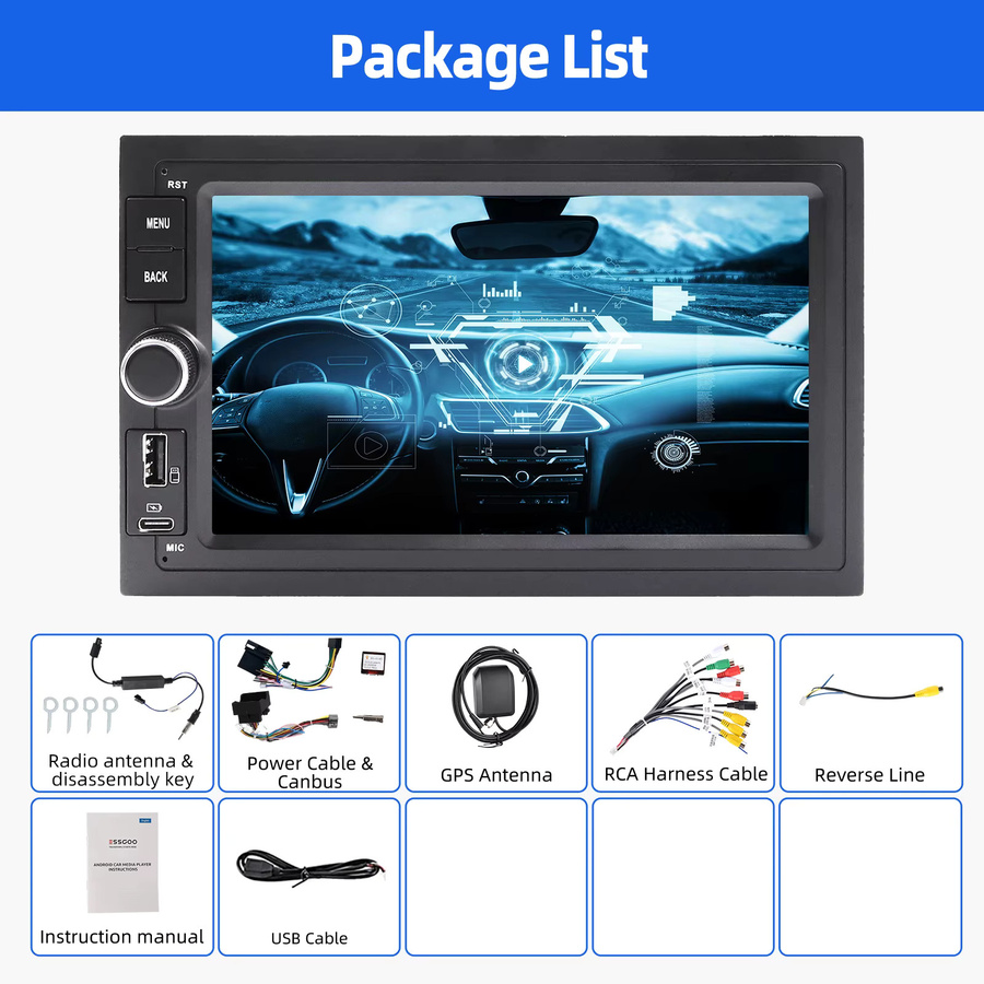 ESSGOO Android 15 Autoradio mit 7 Zoll Display, GPS, Bluetooth und USB in Schwarz für Seat, Skoda, VW Polo 9N, Golf 4, Passat B5 und T5 - Bild 6