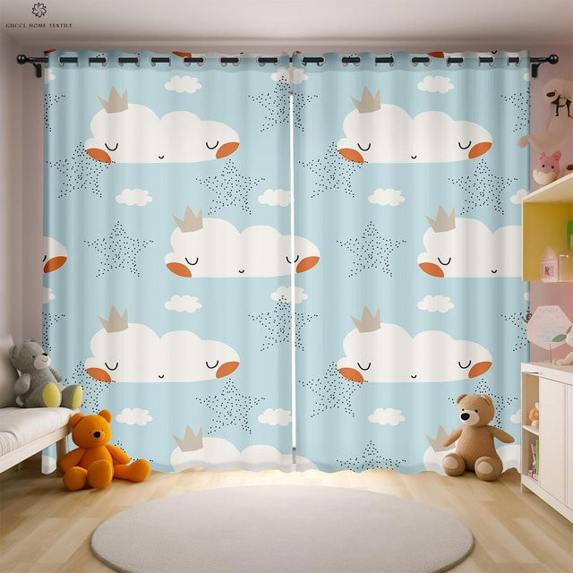 Kinderzimmer Vorhänge mit Sterne, Mond und Wolken Aufdruck in Blau, 2er-Set aus Polyester, B: 75 cm, H: 166 cm - Bild 1