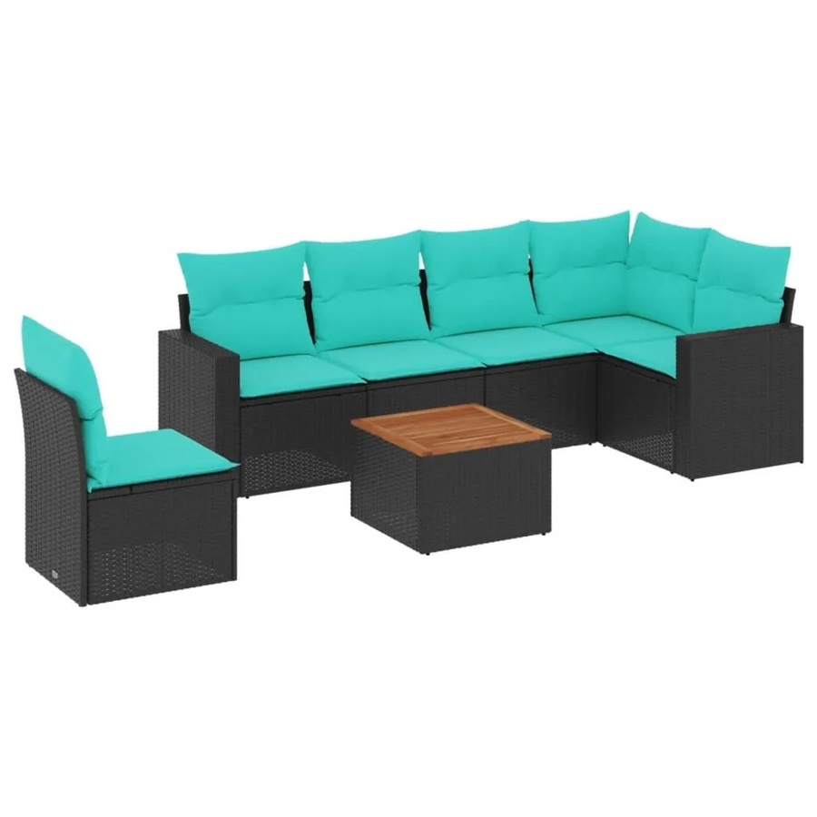 vidaXL 7-teilige Garten-Sofagarnitur in L-Form aus Poly-Rattan und Akazienholz mit Kissen in Schwarz - Bild 2