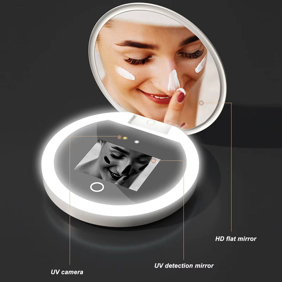 UV-Reise-Make-up-Spiegel mit LED-Licht und 2-facher Vergrößerung in Weiß, Durchmesser: 8,9 cm - Bild 2