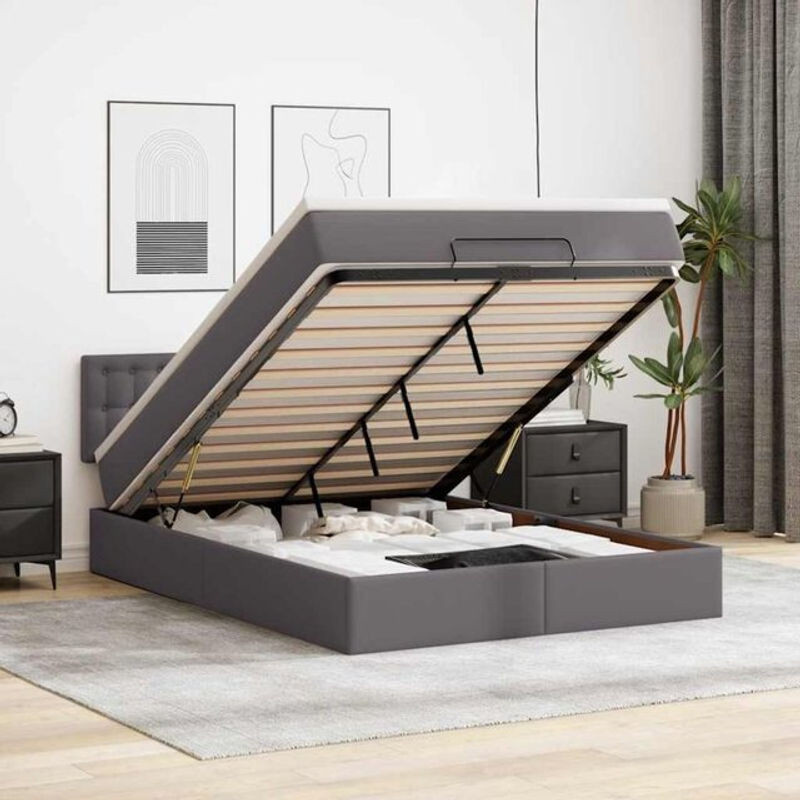 vidaxl Ottoman Polsterbett mit Matratzen und LED in Grau aus Kunstleder B/T/H: 140 x 190 x 88 cm - Bild 1