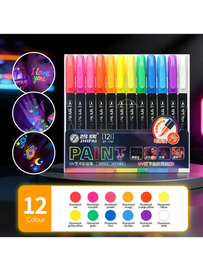 ZHIPAI 12-teiliges UV-Leuchtmarker-Set mit abwaschbaren Neon-Farben in Multicolour für Raves, Partys und Graffiti - Bild 6