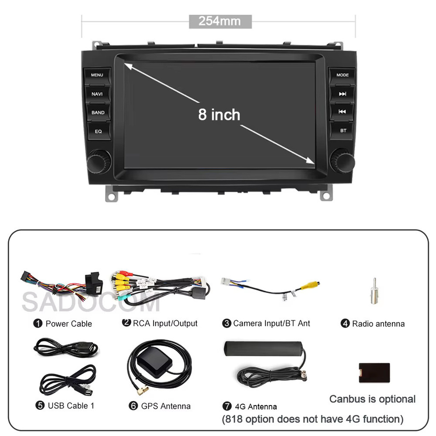 Sadocom Android 14.0 Autoradio mit 8 Zoll Display, 8GB RAM + 256GB Speicher, Carplay, GPS-Navigation und Multimedia für Mercedes Benz CLK W209 (2005-2012), Schwarz - Bild 5