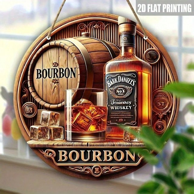 CIFBUY Vintage Bourbon-Whiskey Metallschild in Braun, rundes Wandkunst-Dekor für drinnen und draußen - Bild 1